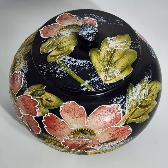 Hand-Painted Black Ceramic Jar Lid Pink & Green Floral Motif Fredrick Cooper - Picture 4 of 12